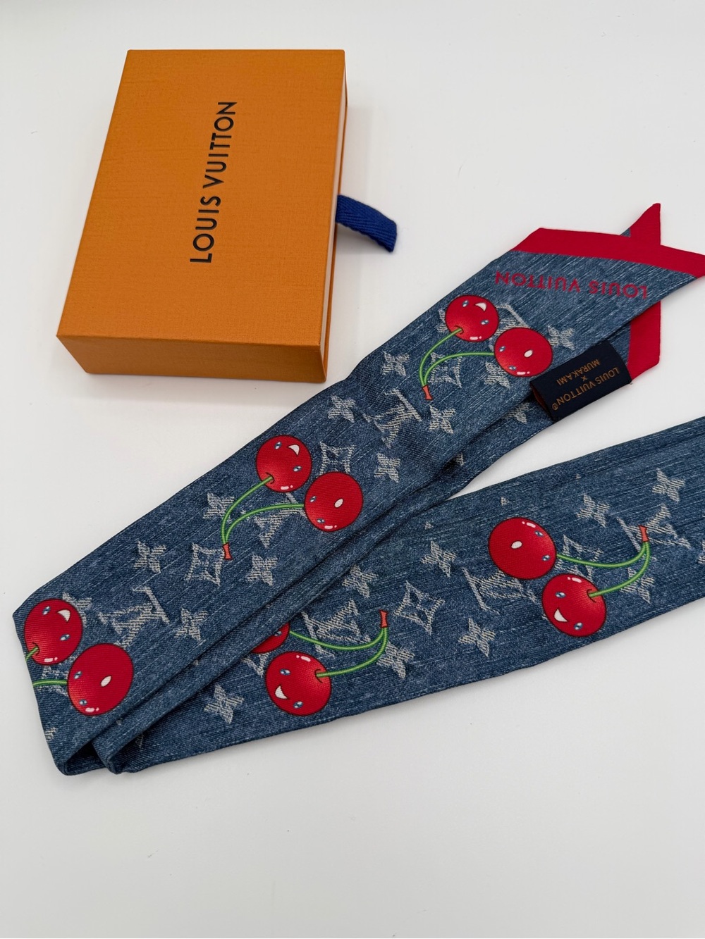 Louis Vuitton Blue Denim Cherry Silk Twilly Scarf in box ❤️
